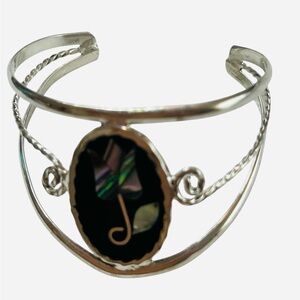 Silver and Black Abalone Alpaca Mexico Inlay 925 Silver Cuff Bracelet 103